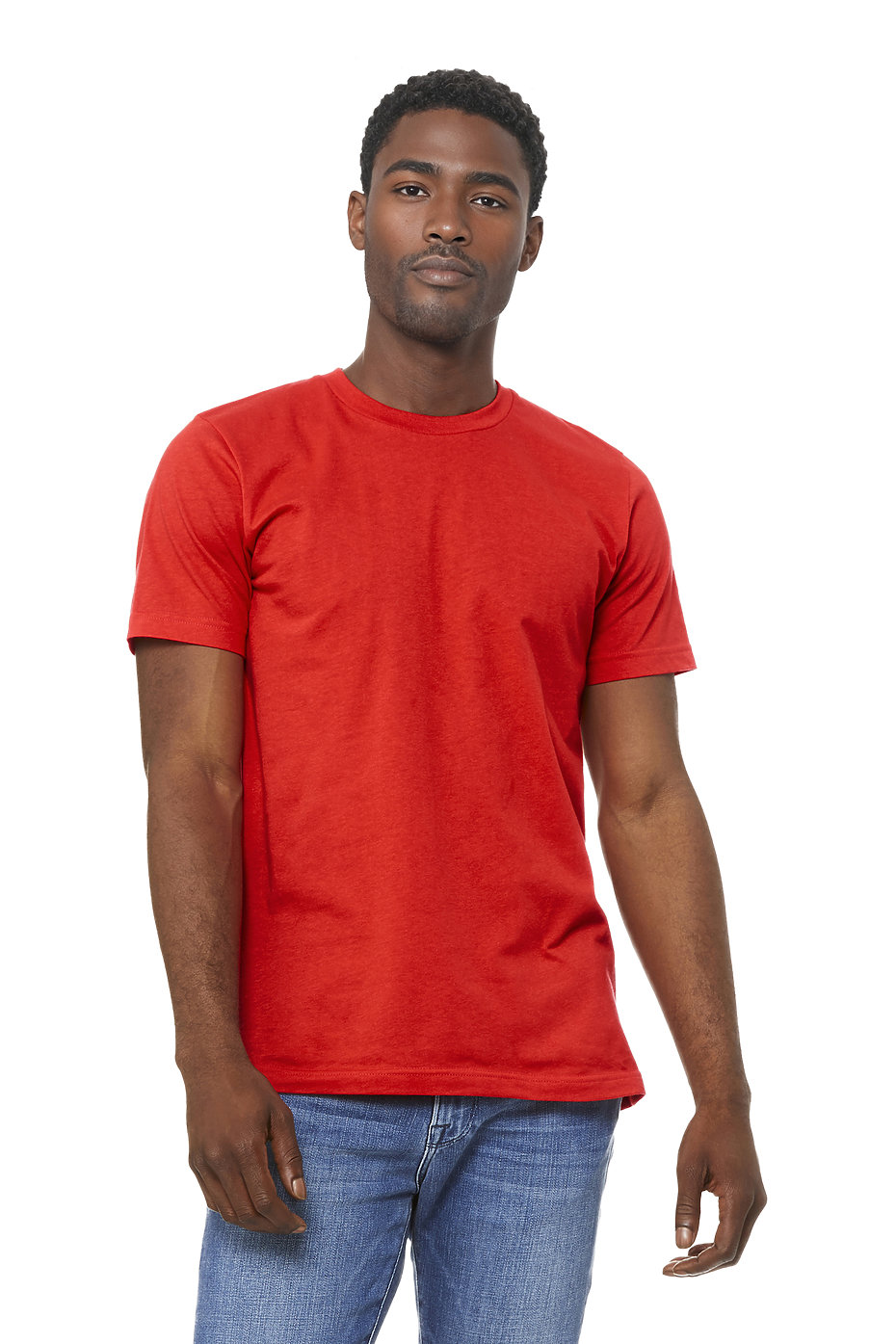 A man wearing a red shirt facing forward